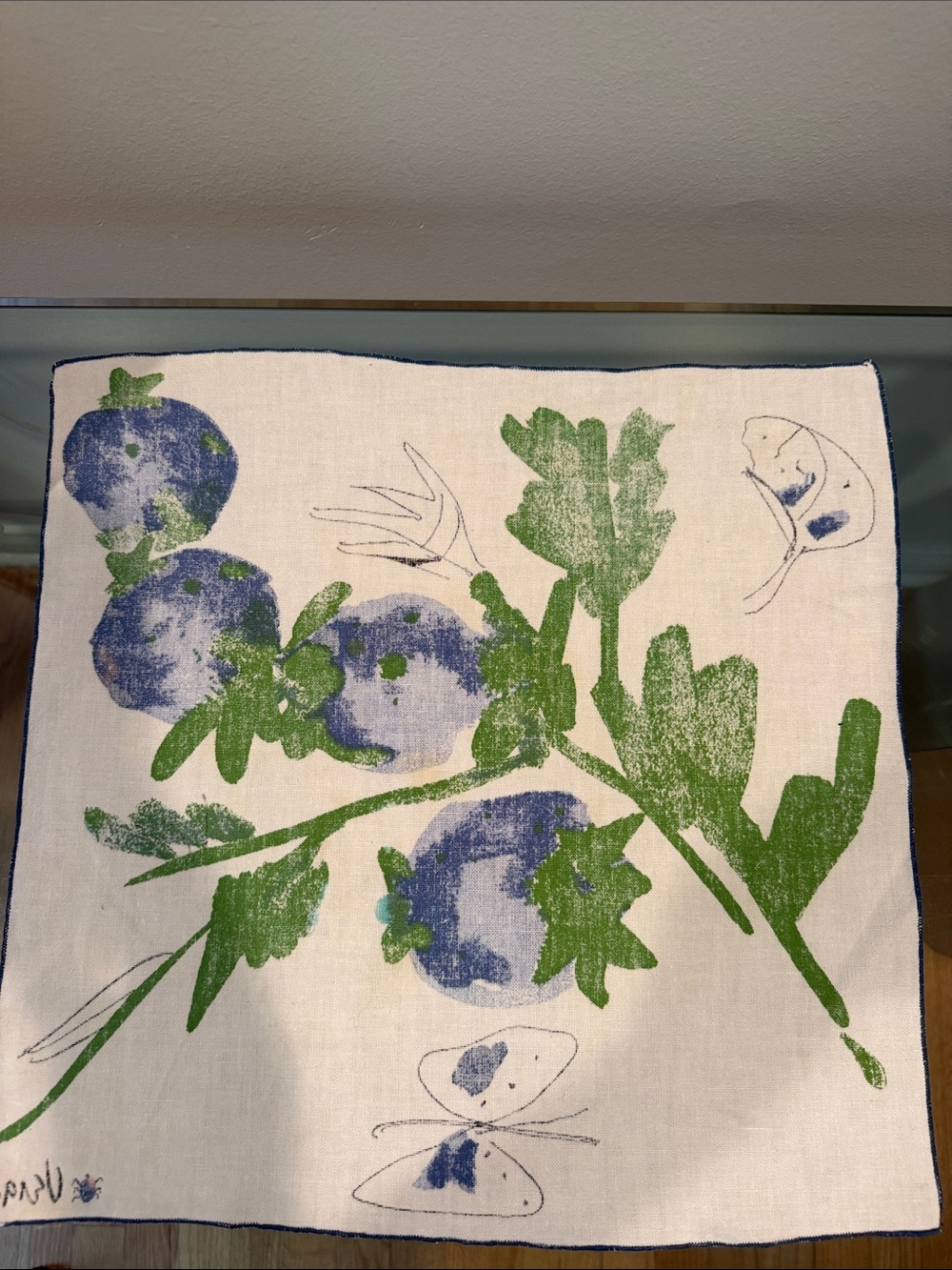 VTG Vera Neumann Blueberry Linen Napkin Blue Fruit Green Leaves Signed Ladybug. - Picture 8 of 12